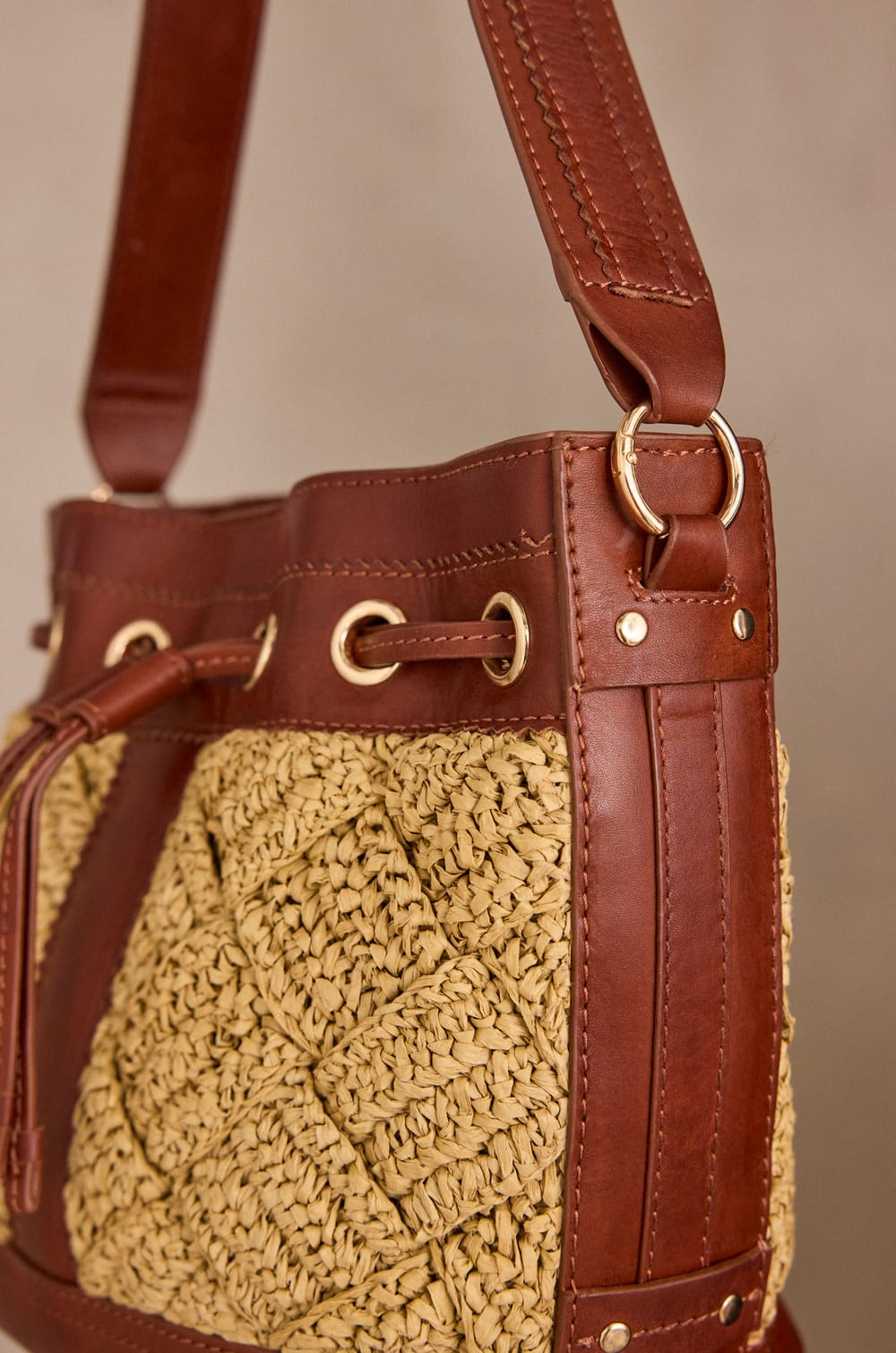 LUCIEN leather and raffia bucket bag;${refinementColor}