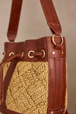 LUCIEN leather and raffia bucket bag;${refinementColor}