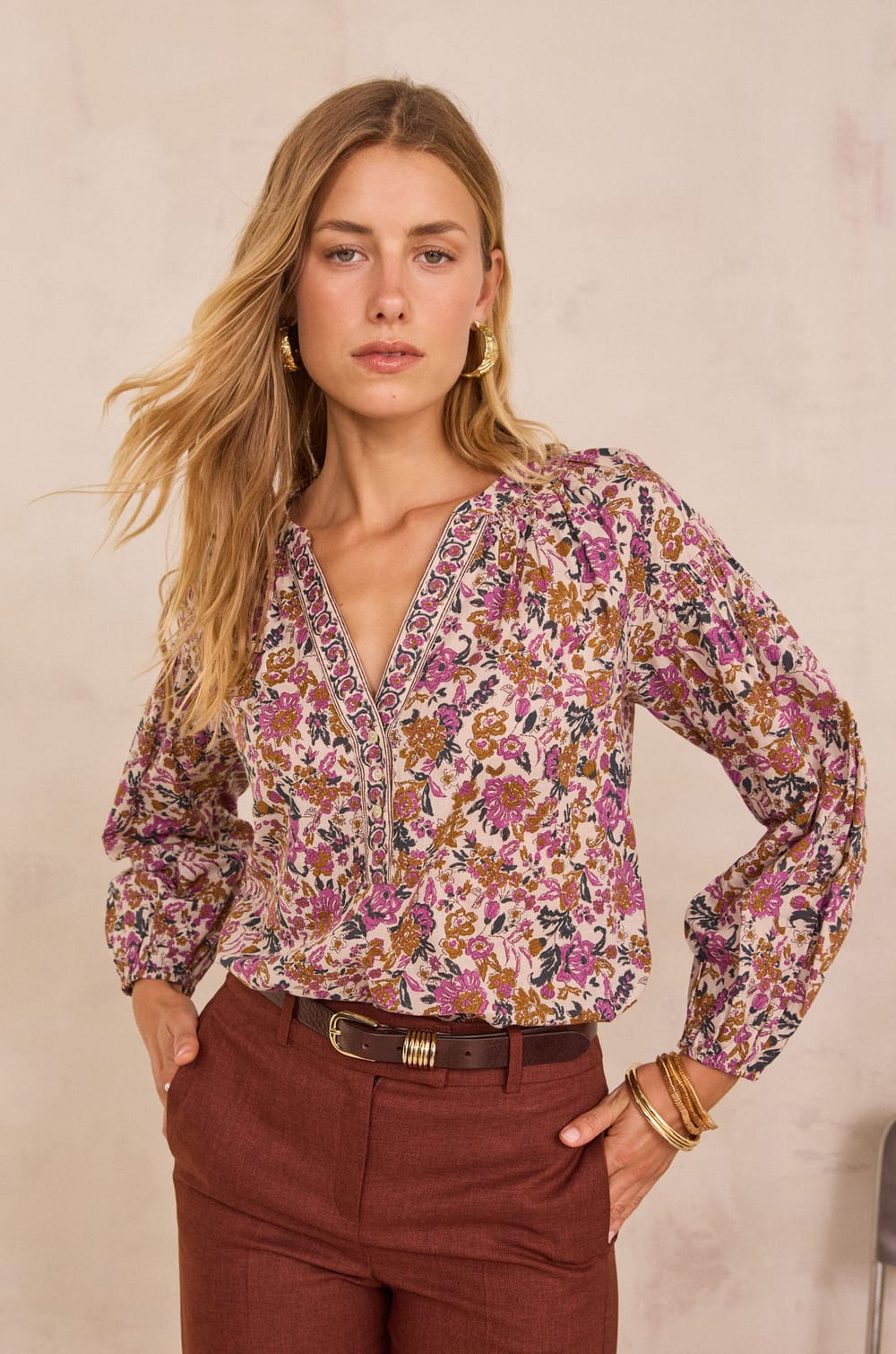 Blouse imprim&eacute; floral en  100% coton PRUNE;${refinementColor}