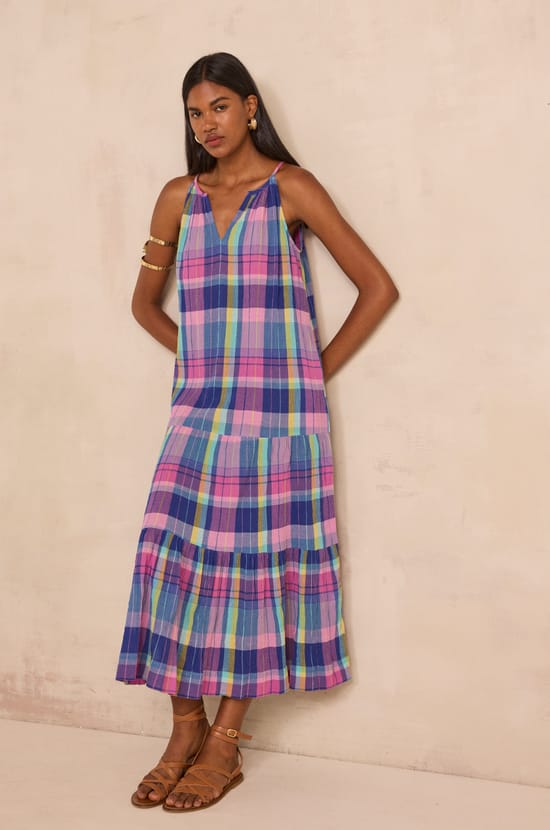 Pietra checkered cotton straight dress;${refinementColor}