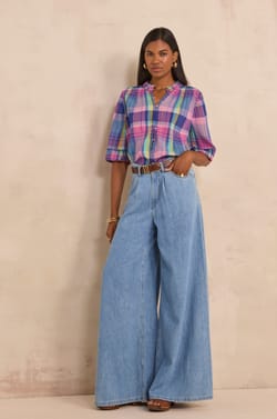 Short-sleeved checkered cotton blouse MAGDA;${refinementColor}