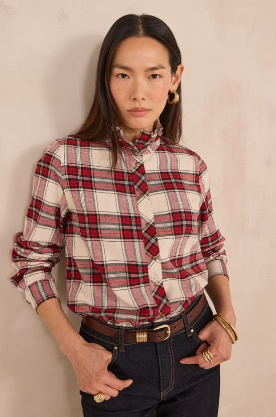 Blouse &agrave; carreaux col montant DENIS;${refinementColor}