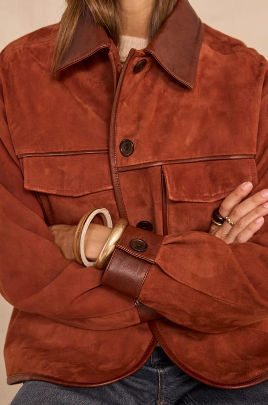 Brown suede leather jacket;${refinementColor}