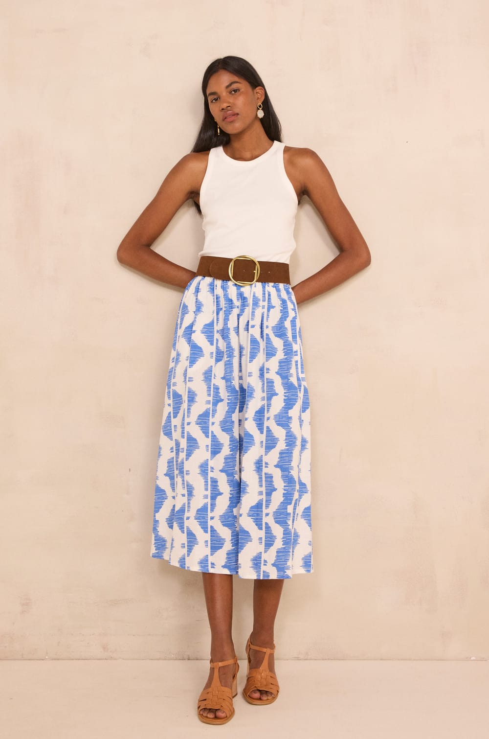 Jupe midi fluide imprim&eacute;e en coton BRUNE;${refinementColor}