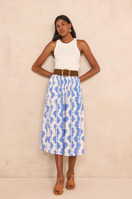 Jupe midi fluide imprim&eacute;e en coton BRUNE;${refinementColor}