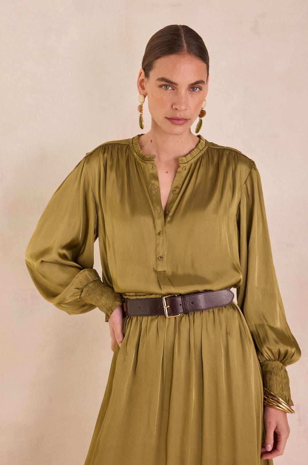 Satin blouse with puff sleeves DEESSE;${refinementColor}