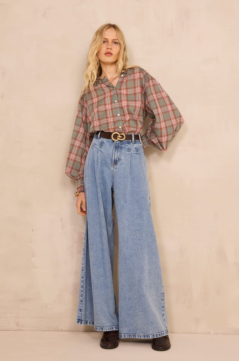 Checkered long-sleeve cotton blouse MANON;${refinementColor}