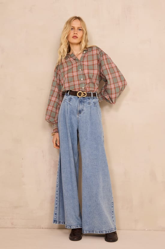 Checkered long-sleeve cotton blouse MANON;${refinementColor}