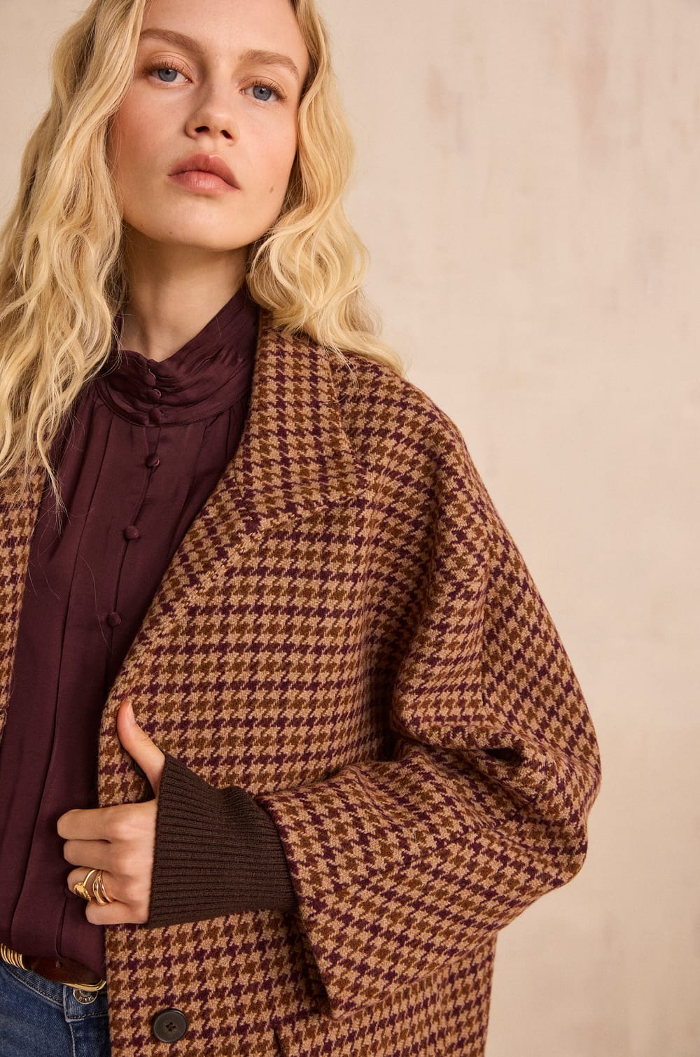 CELIA houndstooth pattern blended wool coat;${refinementColor}