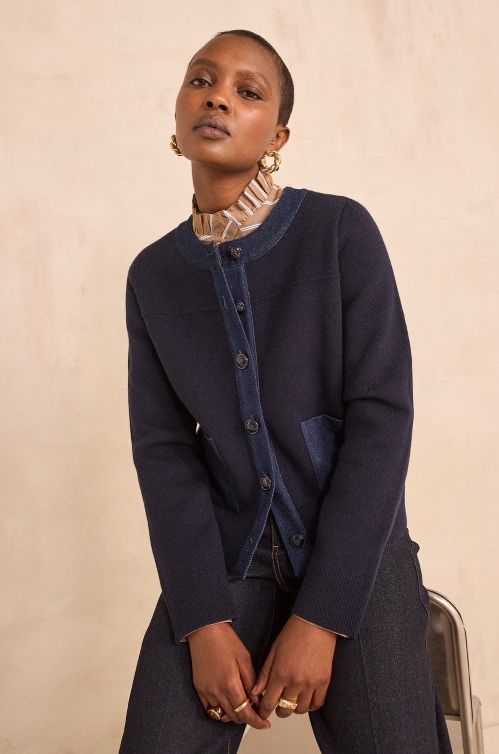 Veste boutonn&eacute;e marine en laine m&eacute;lang&eacute;e ALEXIANE;${refinementColor}