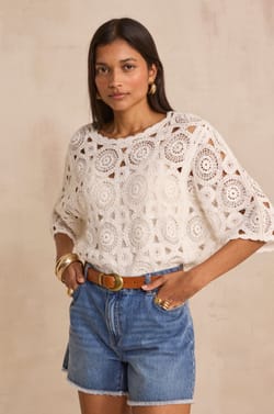 Pull crochet&eacute; &agrave; manches 3/4 en coton PENELOPPE;${refinementColor}