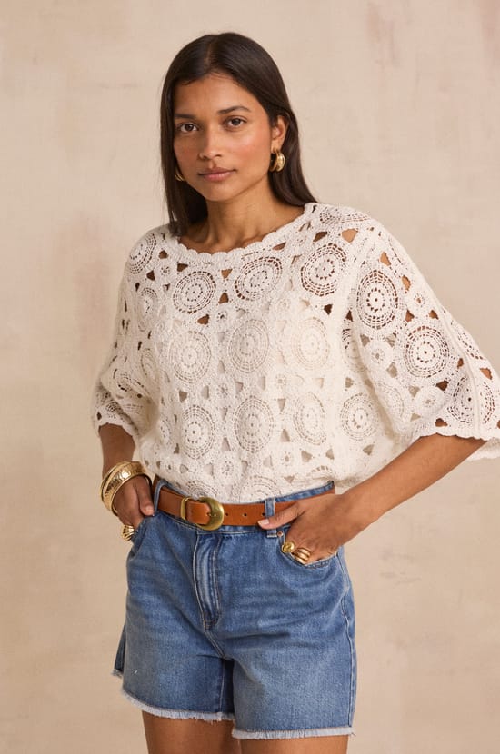 Pull crochet&eacute; &agrave; manches 3/4 en coton PENELOPPE;${refinementColor}