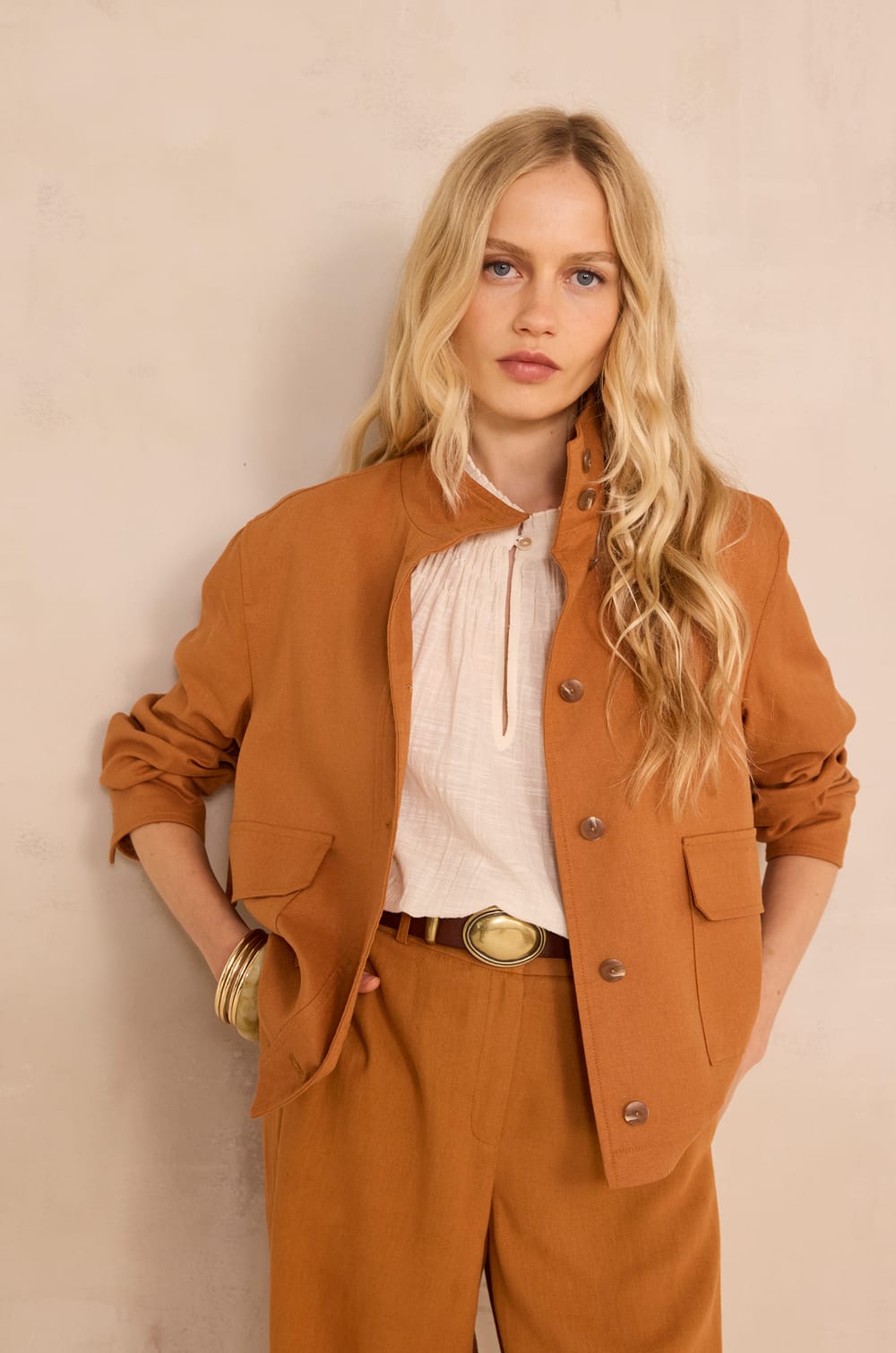 Long sleeve mixed linen jacket BLONDIE;${refinementColor}