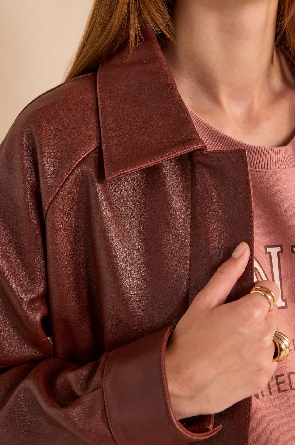 Barnabe long sleeve leather jacket;${refinementColor}