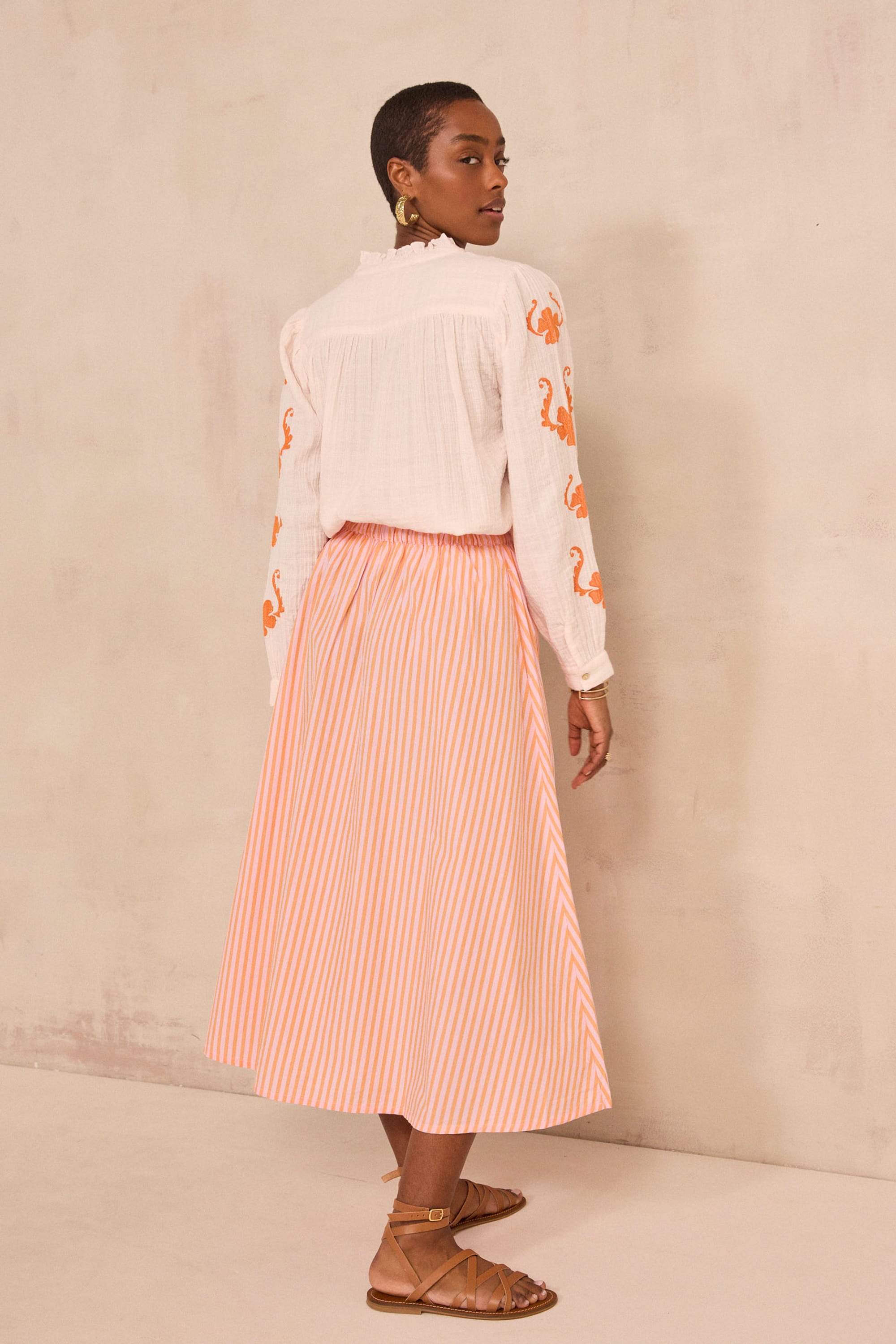 Cotton striped flowy midi skirt BRUNE woman | CORAL | Maison 123