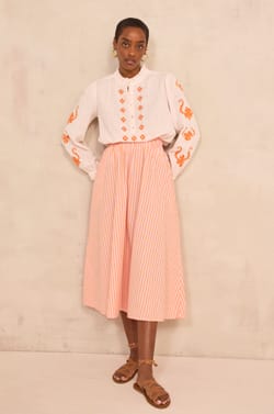 Cotton striped flowy midi skirt BRUNE;${refinementColor}