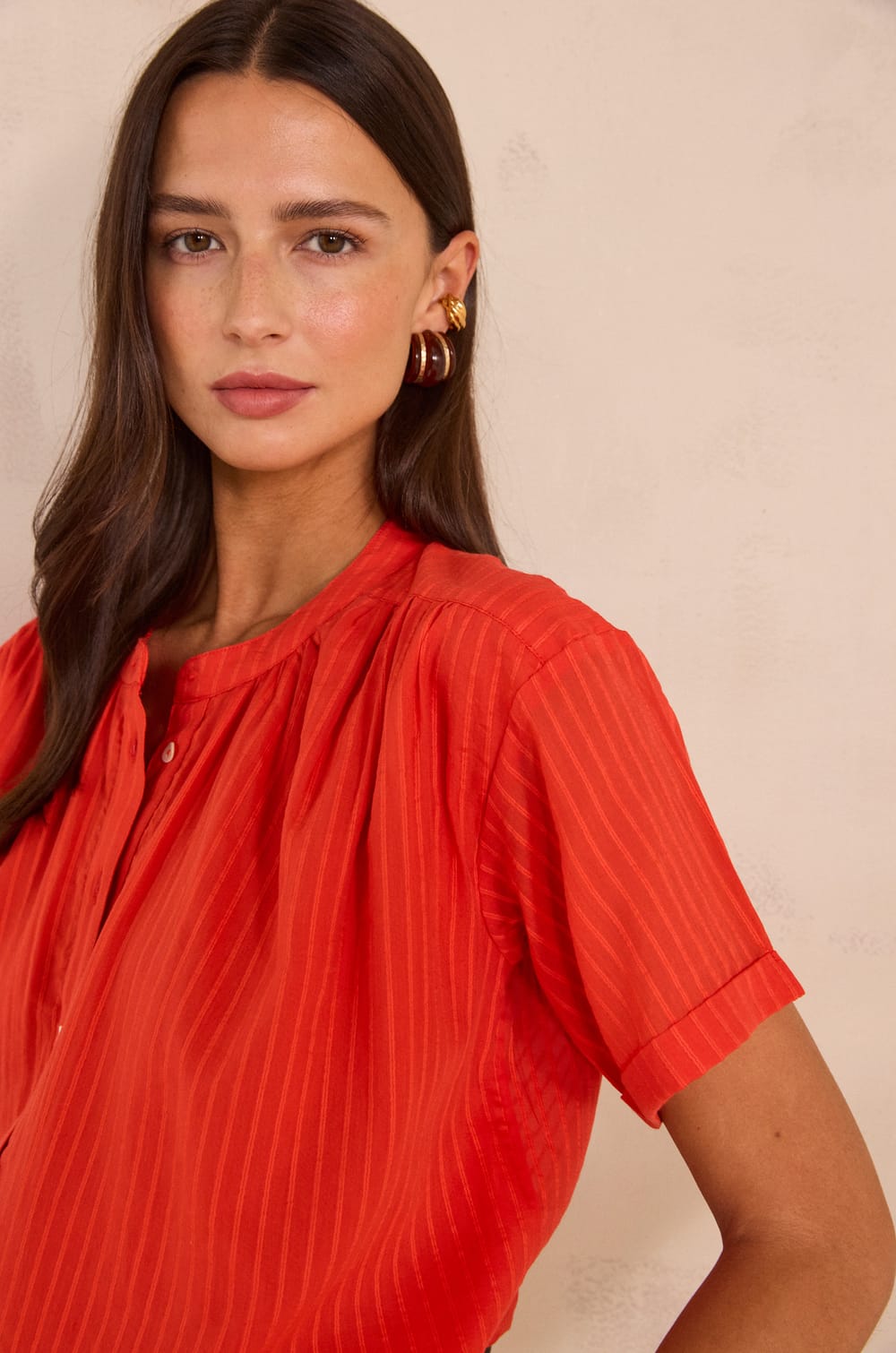 Blouse &agrave; manches courtes en coton m&eacute;lang&eacute; DEVIKA;${refinementColor}