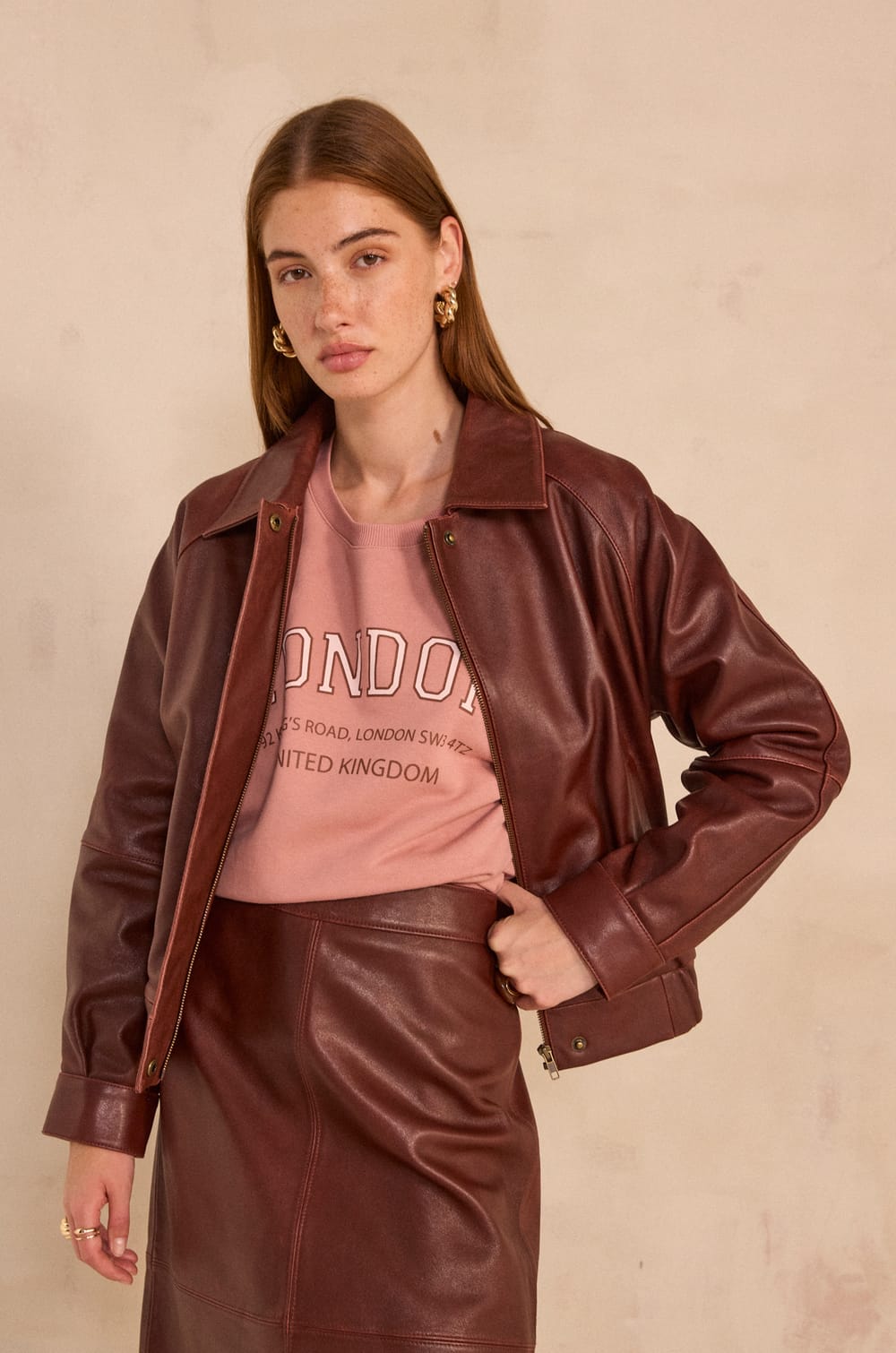Barnabe long sleeve leather jacket;${refinementColor}
