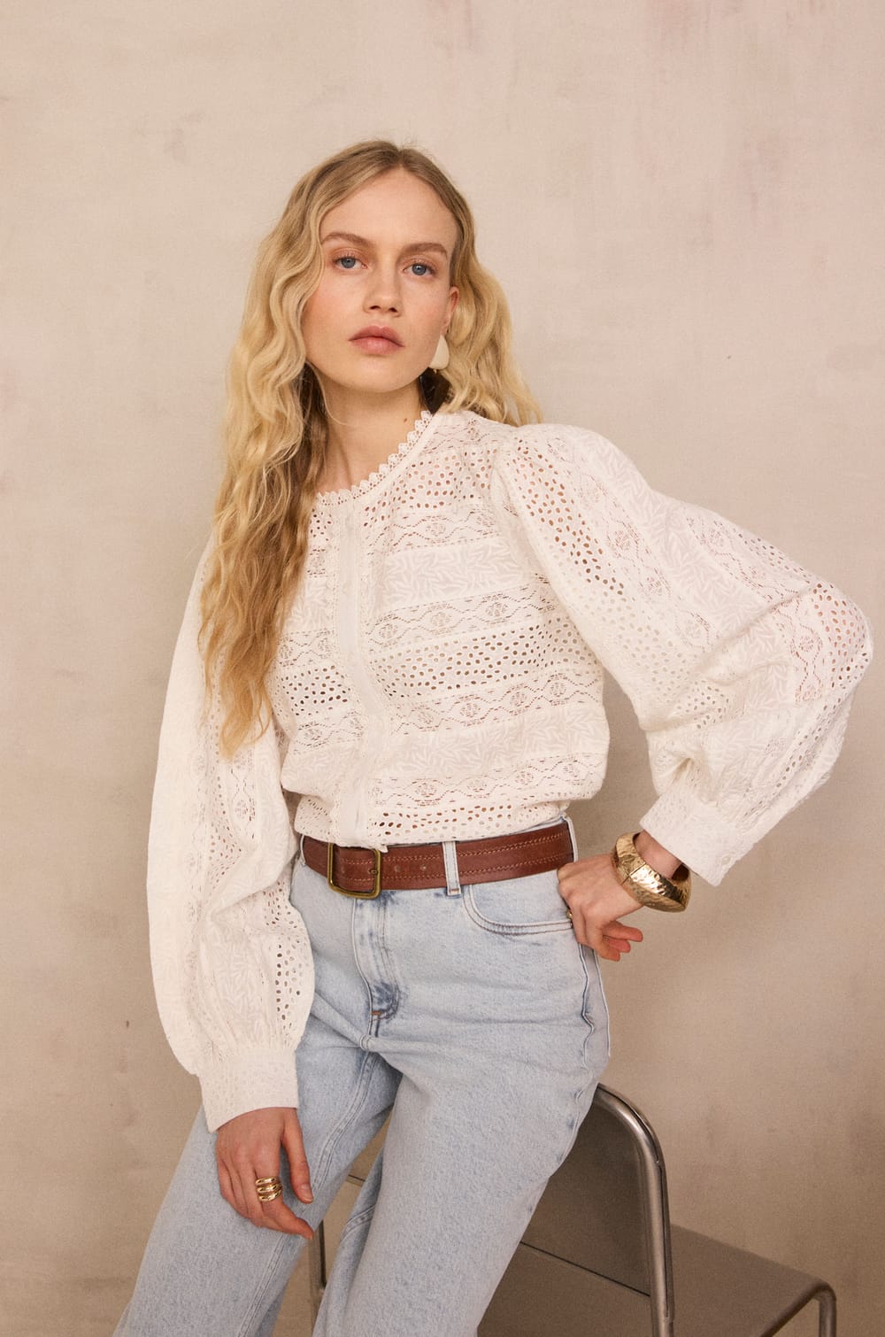 Embroidered long-sleeve cotton blouse DORIS;${refinementColor}