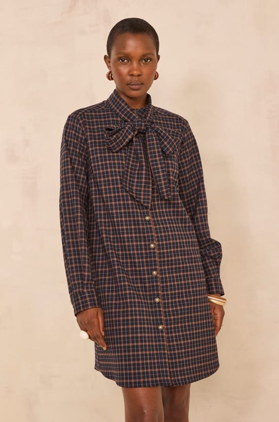 Straight checkered dress with bow tie collar PARSY;${refinementColor}
