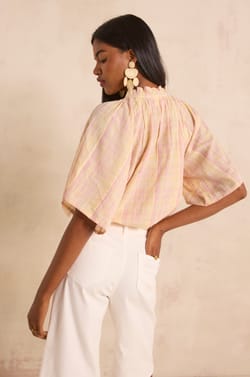 Short-sleeved checkered cotton blouse MADDY;${refinementColor}