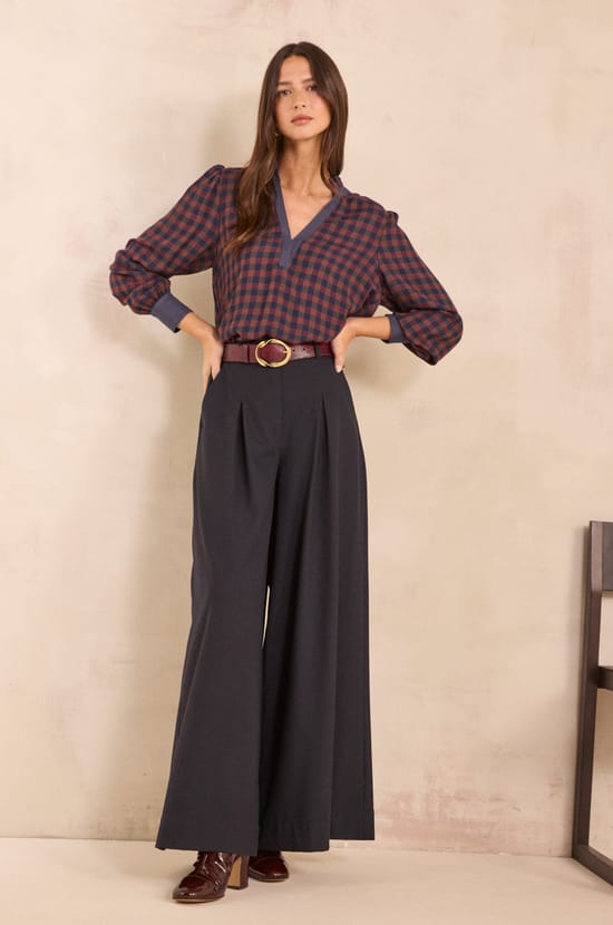 Pantalon palazzo taille haute marine LUCE;${refinementColor}