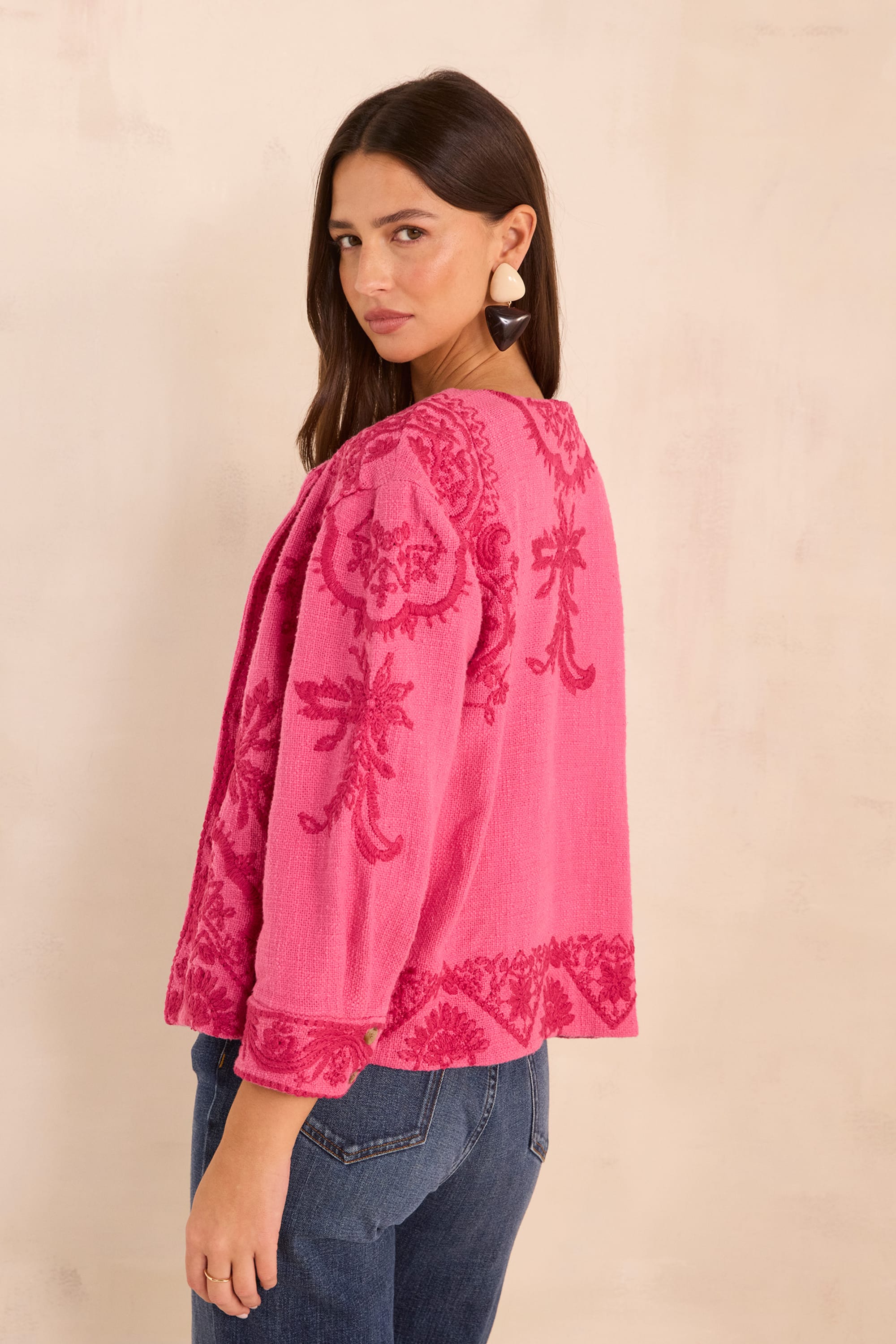Embroidered long sleeve cotton jacket VALMA woman | LIGHT FUCHSIA