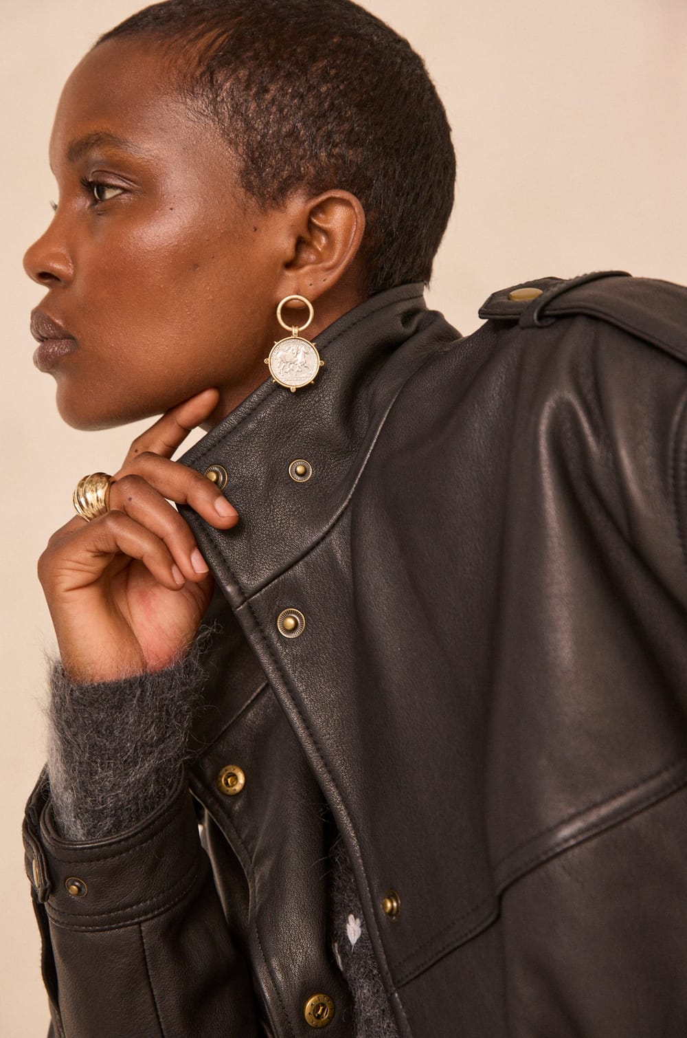 OSCAR oversized grain leather jacket;${refinementColor}