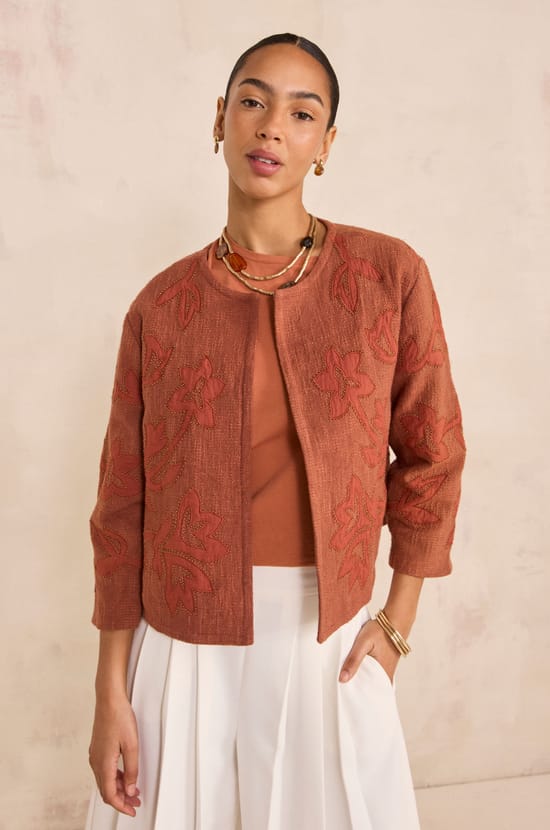 Embroidered 3/4 sleeve cotton jacket VITALIE;${refinementColor}