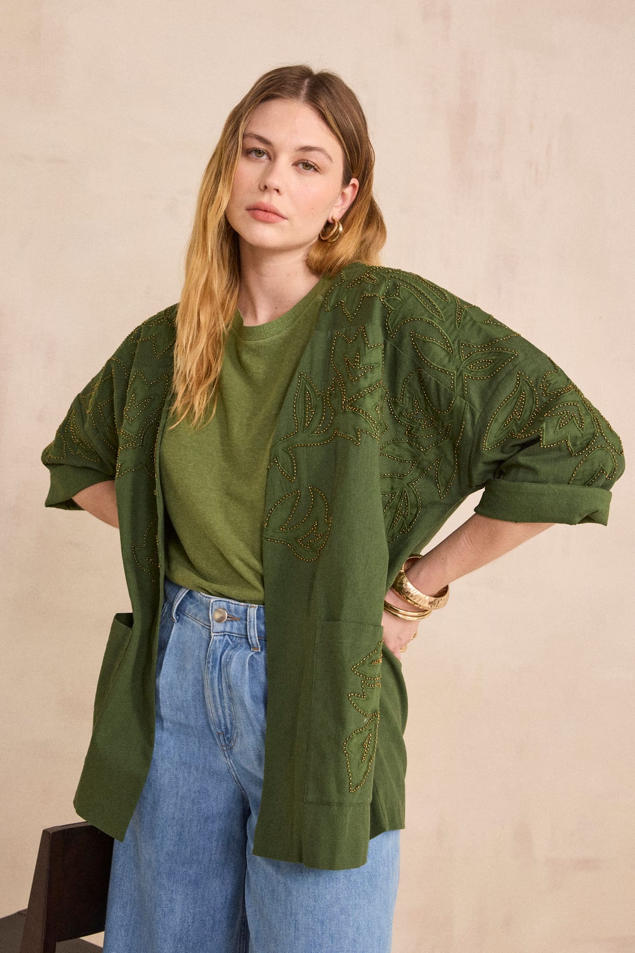 Embroidered 3/4 sleeve cotton jacket TRAVEL;${refinementColor}