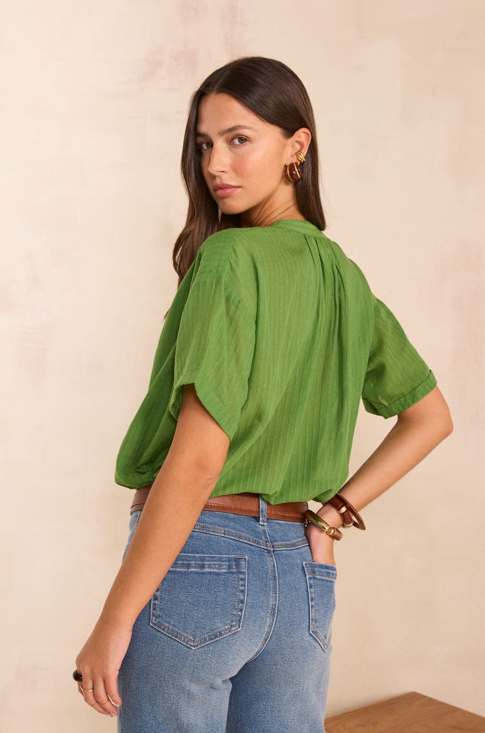 Short Sleeve Blouse in Mixed Cotton DEVIKA;${refinementColor}