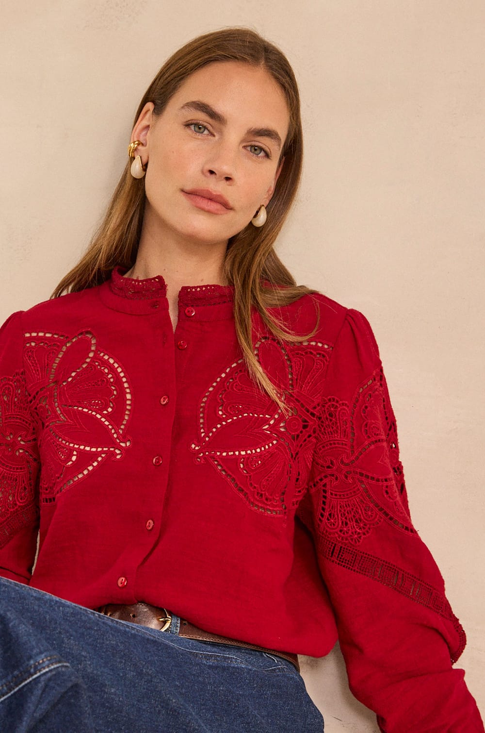 Blouse brod&eacute;e &agrave; manches longues en coton MARTHA;${refinementColor}