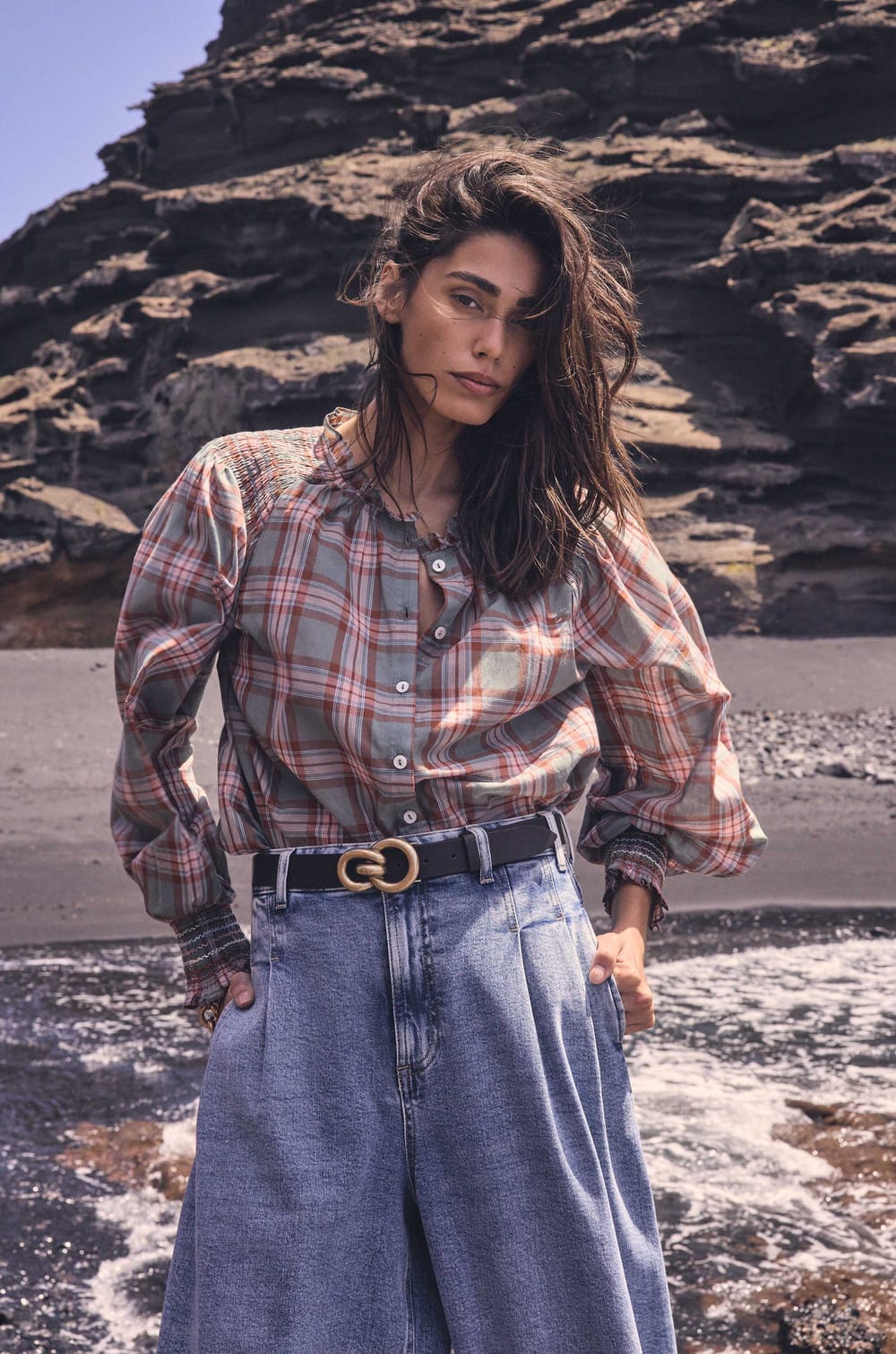 Checkered long-sleeve cotton blouse MANON;${refinementColor}