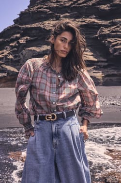 Blouse &agrave; carreaux manches longues en coton MANON;${refinementColor}