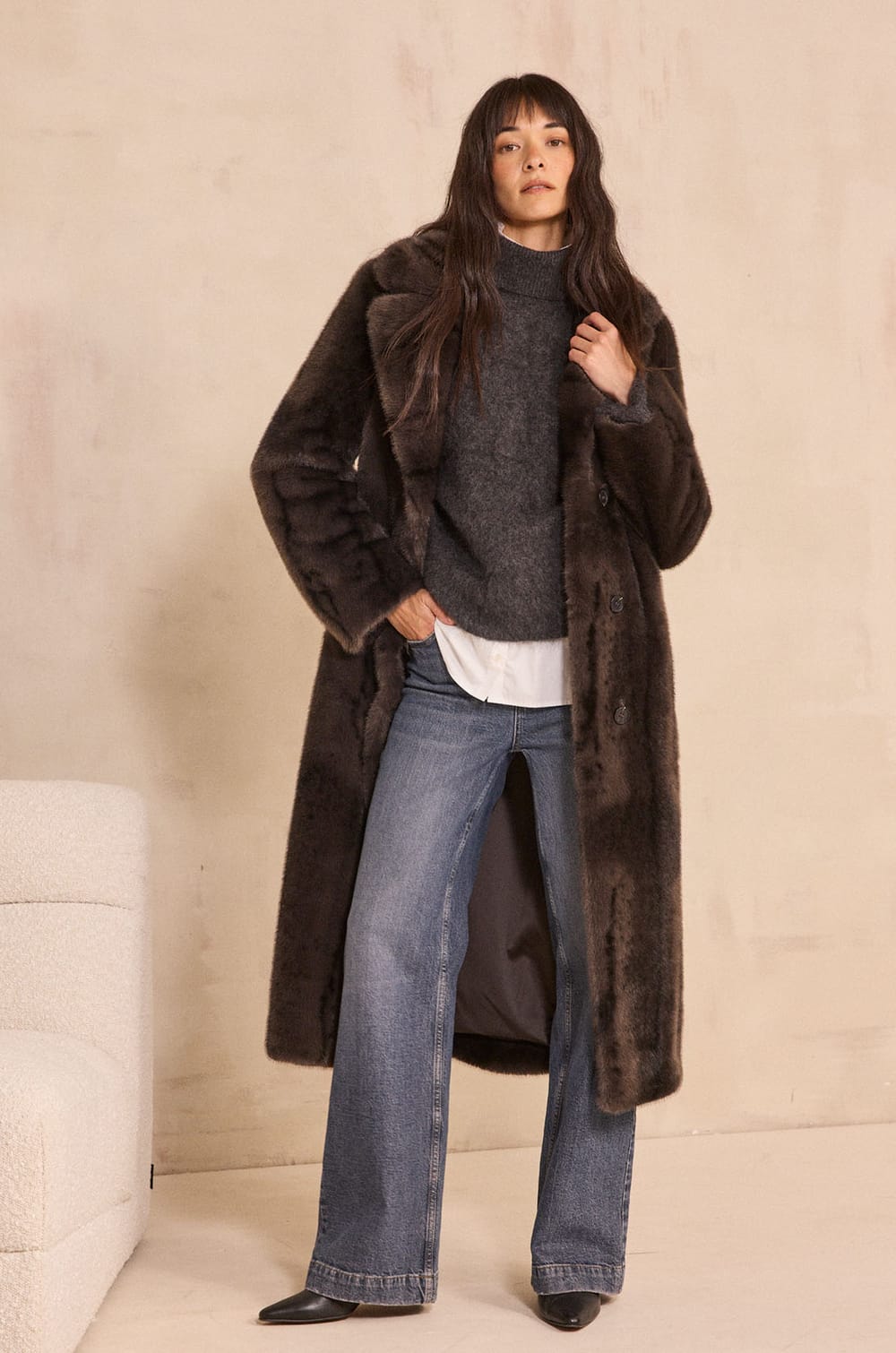 Charcoal coat with fur effect CLARISSE;${refinementColor}