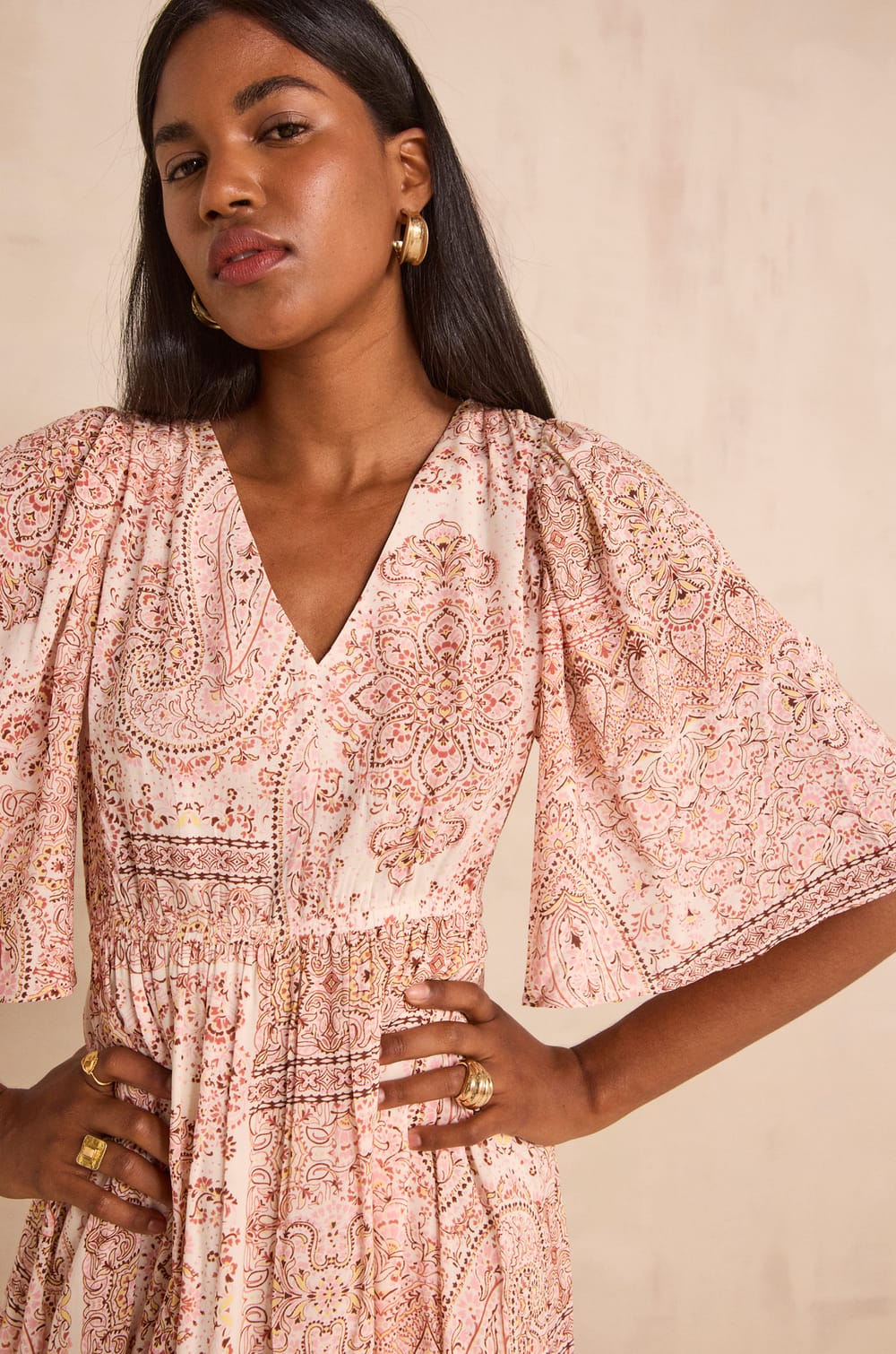 Robe fluide imprim&eacute;e &agrave; manches longues PERLA;${refinementColor}