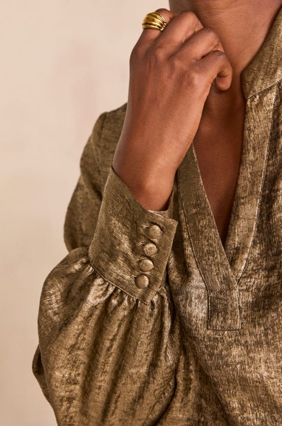 Metallic blouse with Tunisian collar MARIO;${refinementColor}