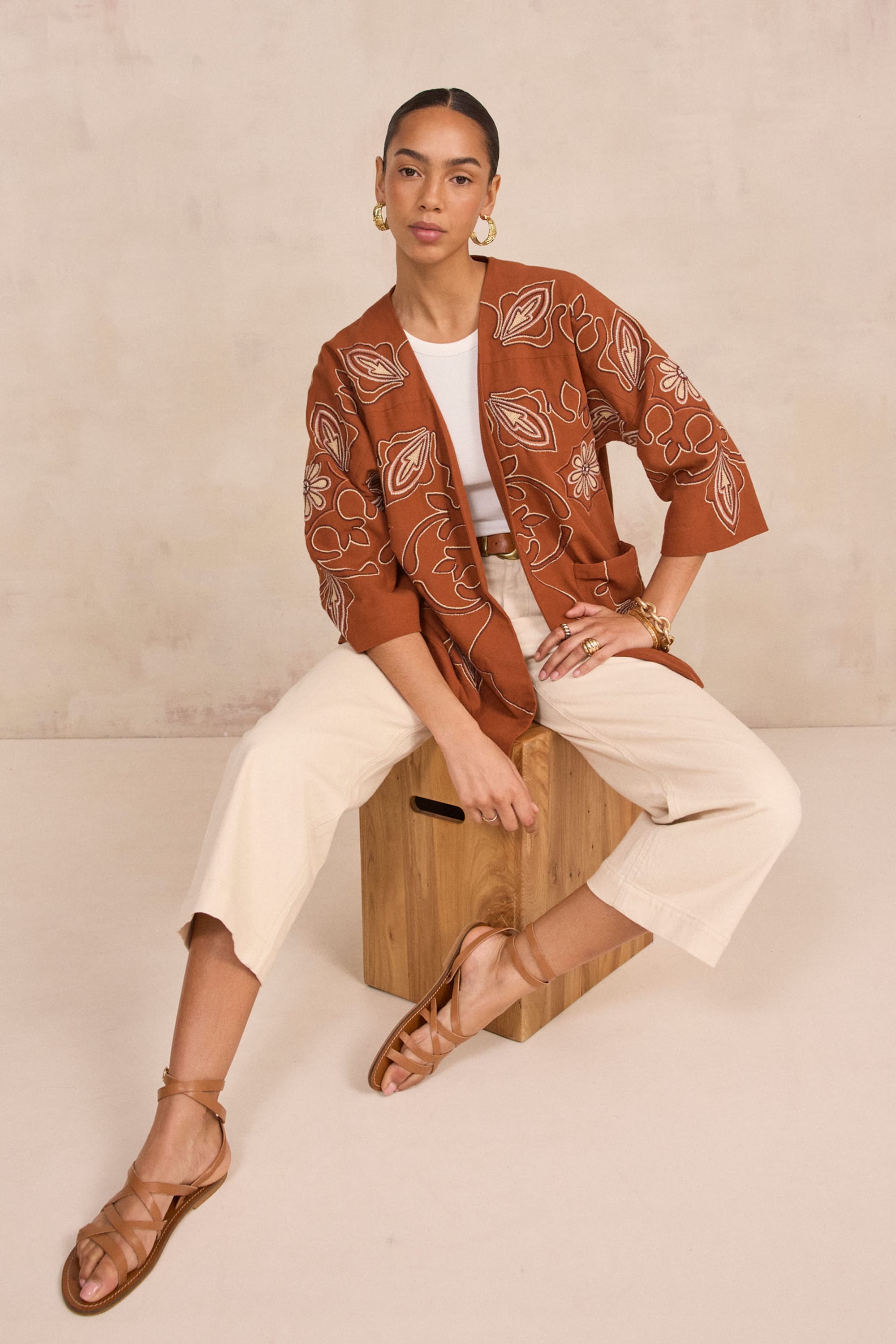 Embroidered 3/4 Sleeve Cotton Jacket VIRGINIA woman | TOFFEE