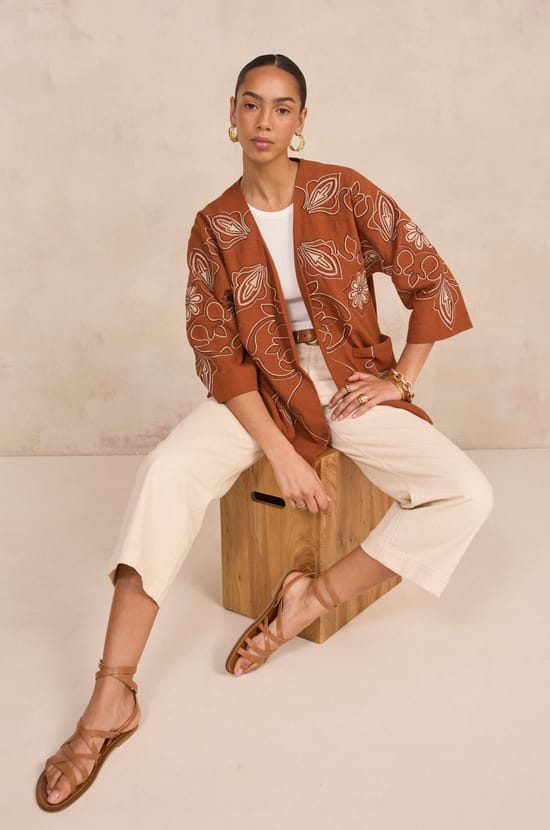 Embroidered 3/4 Sleeve Cotton Jacket VIRGINIA;${refinementColor}