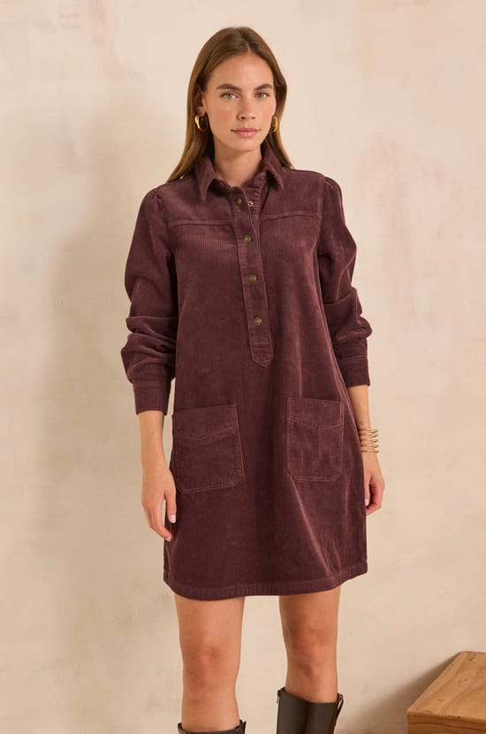 Straight velvet cotton dress in aubergine purple;${refinementColor}