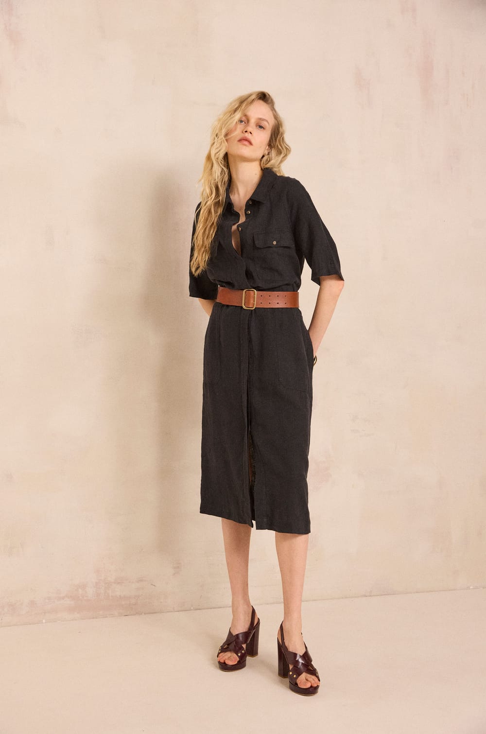 Straight linen flowy dress BETANIE;${refinementColor}