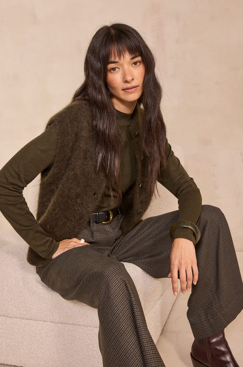 Khaki sleeveless cardigan in mixed mohair AYMIE;${refinementColor}