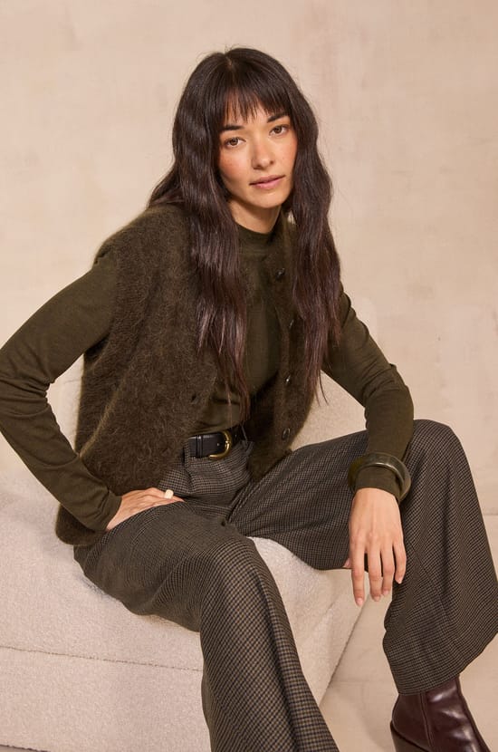 Khaki sleeveless cardigan in mixed mohair AYMIE;${refinementColor}