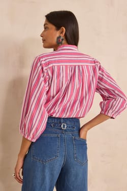 Striped cotton blouse with lavalli&egrave;re collar DOMITILLE;${refinementColor}