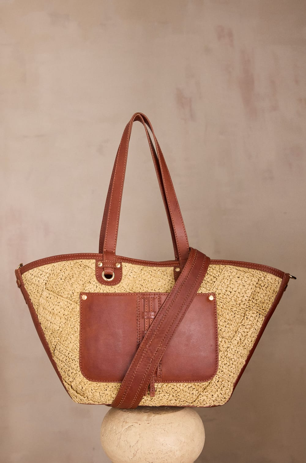 LUCIEN leather and raffia basket bag;${refinementColor}