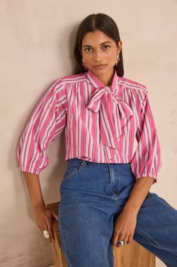 Striped blouse with a tie collar in cotton DOMITILLE;${refinementColor}