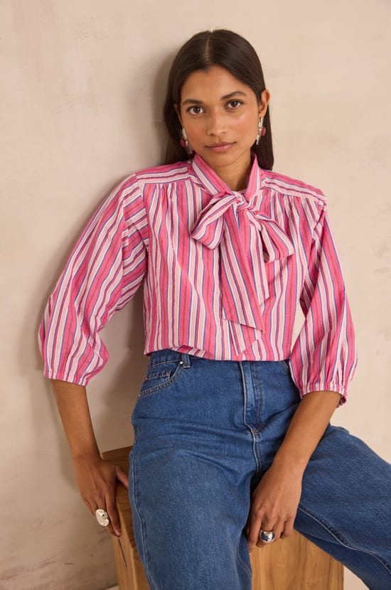 Striped blouse with a tie collar in cotton DOMITILLE;${refinementColor}