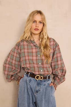 Checkered long-sleeve cotton blouse MANON;${refinementColor}