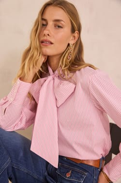 Blouse with pussy bow & stripes in 100% cotton SANDRINE;${refinementColor}