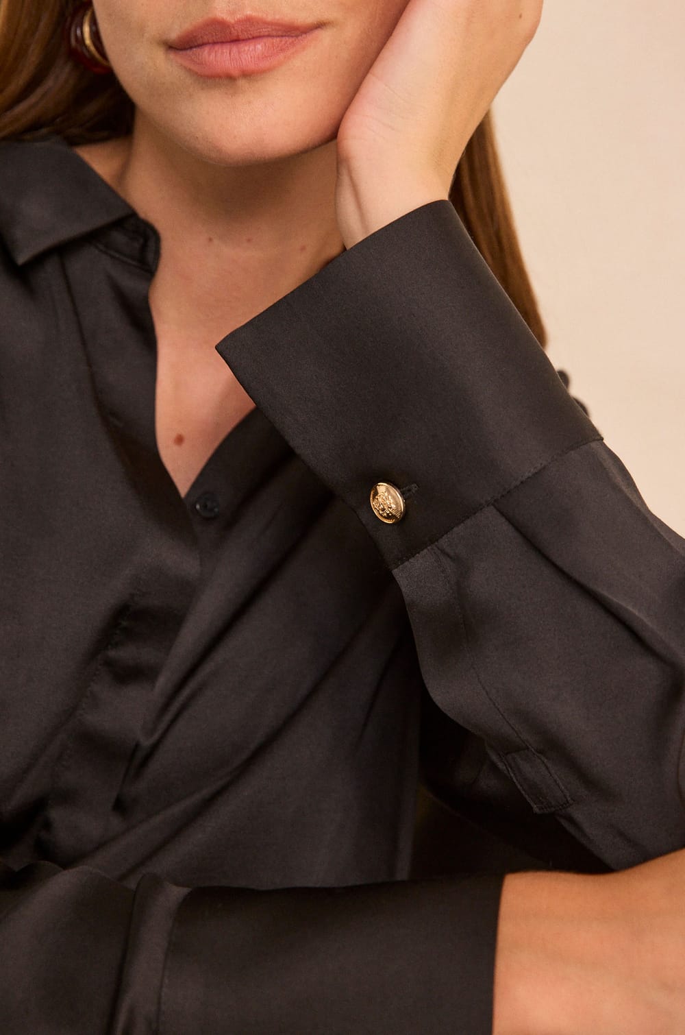 Black satin long-sleeved blouse MALAGA;${refinementColor}